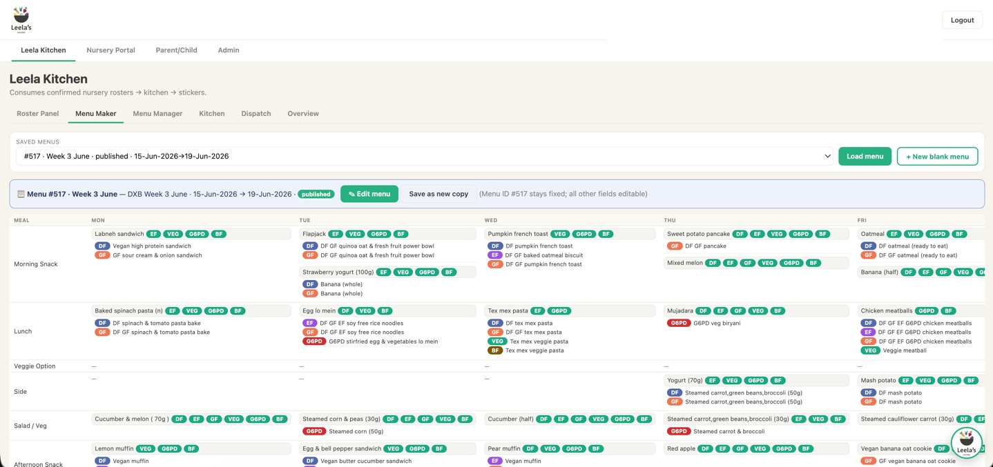 Nursery Meal Planner — daily dispatch plan