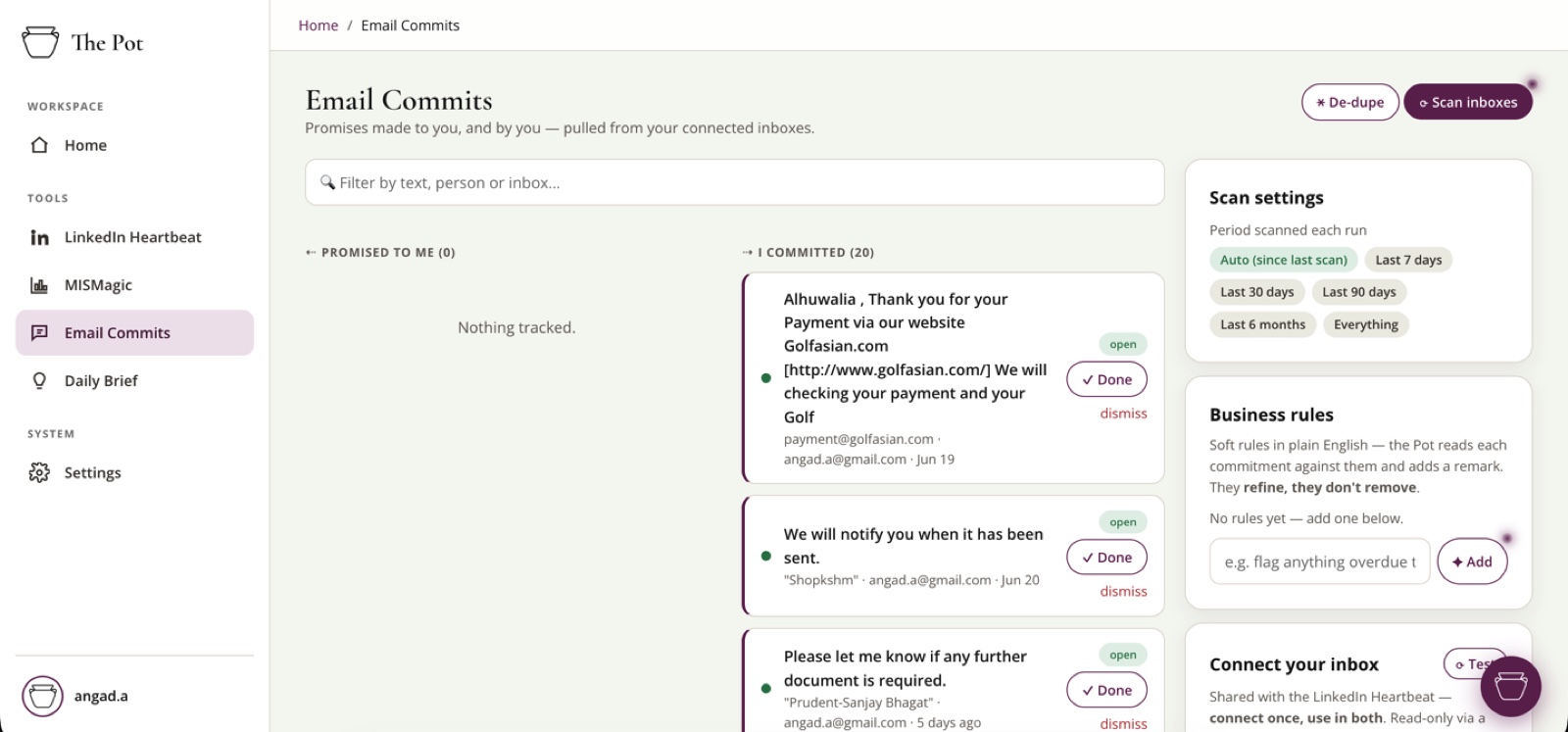 The Pot — email commitments, tracked